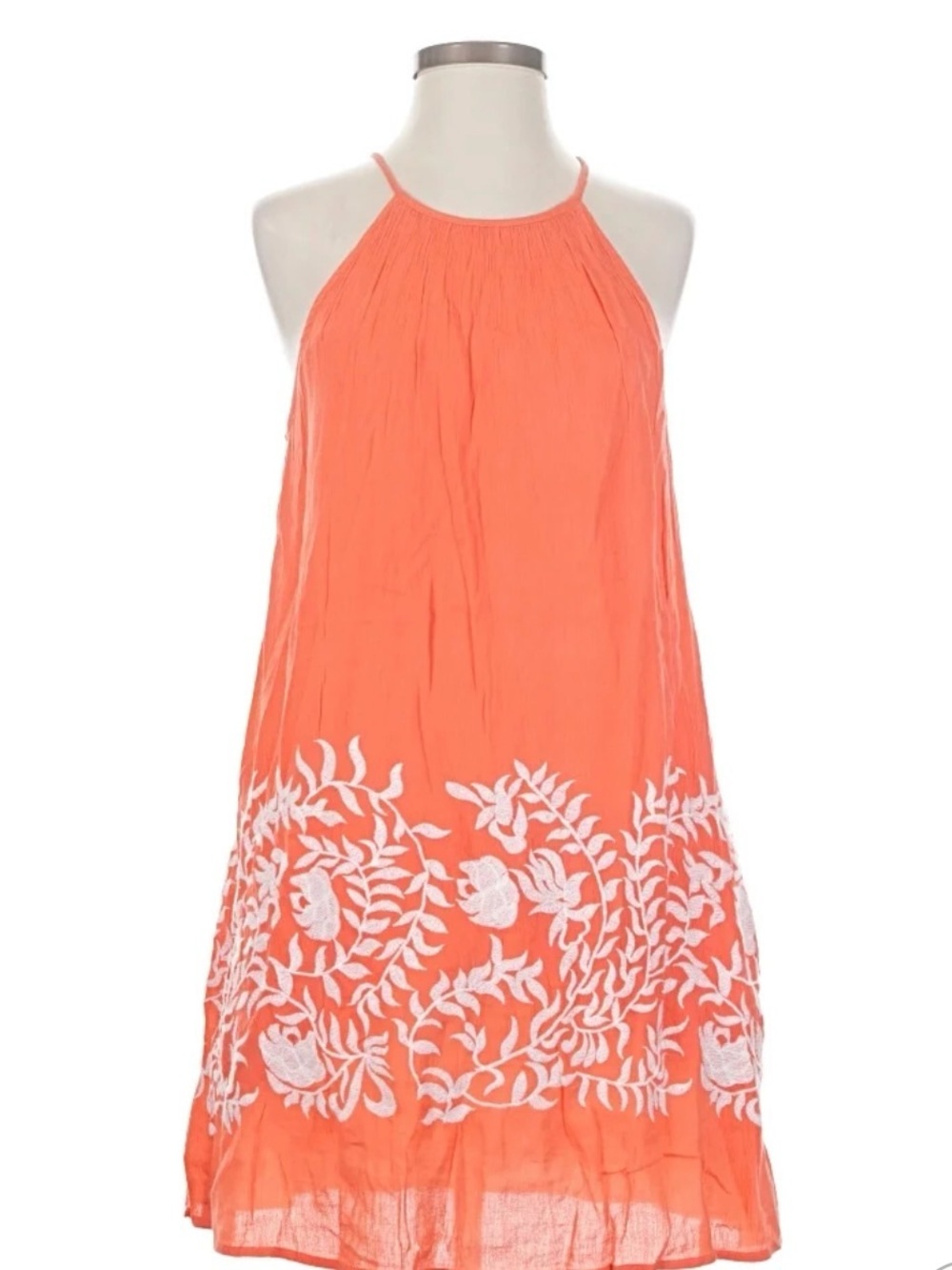 Lucky Brand Coral Halter Mini Dress with White Floral Embroidery